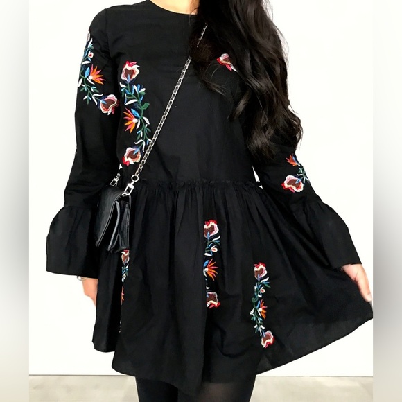 Zara Trafaluc Collection Floral Embroidered Long Sleeve Mini Dress, Size S, NWT - Picture 7 of 16